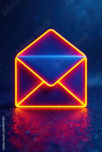Vibrant neon envelope; blue, yellow glow on textured backdrop , modern, interface