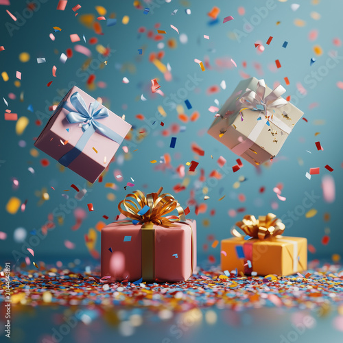 Confetti falling around festive gift boxes with golden ribbons on reflective surface celebration