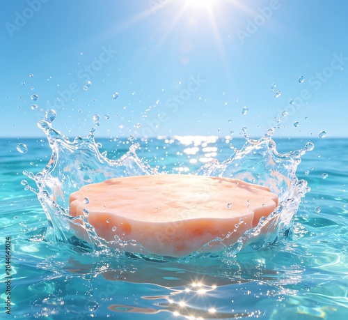 3D energetic summer-themed product presentation stage with a coral platform in turquoise water