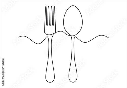 one continuous line drawing of fork and spoon isolated on white background. Cooking, kitchen and table manner concept vector illustration.
