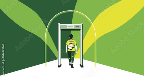 Walk through security checkpoint, man entering metal detector archway, green leafy background