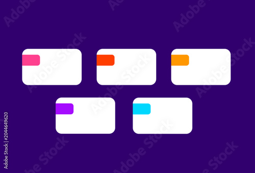 Infographic design featuring five white rectangles and colorful square marks on purple.