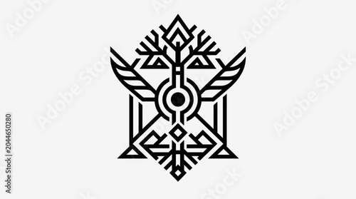 Abstract geometric emblem with tree and wings design.