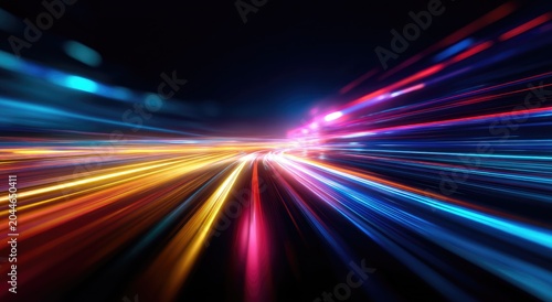Streaks of vibrant colored light blur, suggesting rapid motion through a city at night