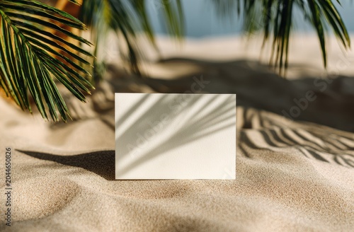 Blank card on sunny beach sand, palm leaves cast shadows