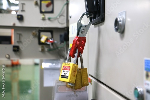 Lockout Tagout , Electrical safety system.Key lock switch or circuit breaker for safety protect.in electric room	
