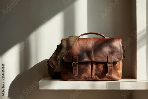 Rich brown leather satchel bag with strap, bathed in light