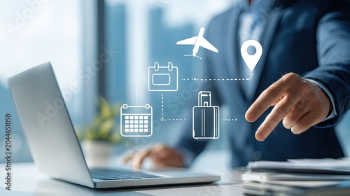 Business professional interacting with digital travel planning interface