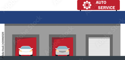 Auto service garage building vector flat illustration with red bays cars and sign board