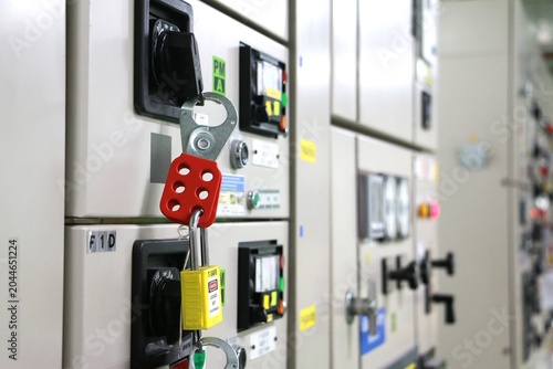 Lockout Tagout , Electrical safety system.Key lock switch or circuit breaker for safety protect.in electric room	
