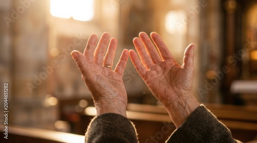 Hands in prayer and surrender in church