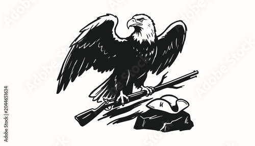 Vászonkép Bald eagle perched on an antique rifle with a historical hat in a vintage woodcu