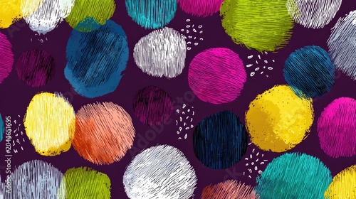 Colorful, textured, circular shapes scattered across a dark background