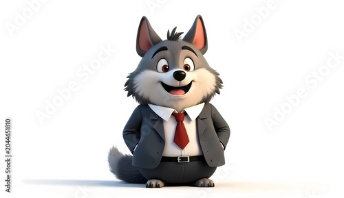Adorable Chubby Wolf Character in Formal Business Suit Standing Confidently