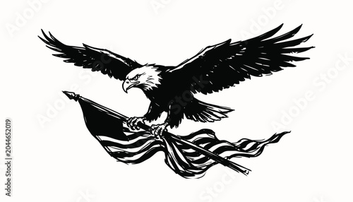 Majestic bald eagle carrying a patriotic flag in bold black and white line art for leadership