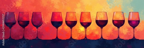 Abstract wine glass silhouettes, horizontal repeating pattern, continuous line art, event, vector, drink