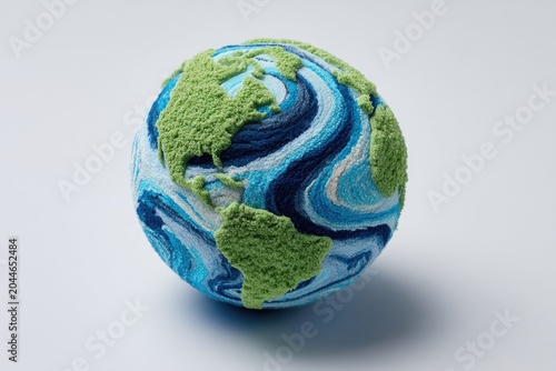Textured yarn sphere depicts continents on a swirling blue ocean backdrop