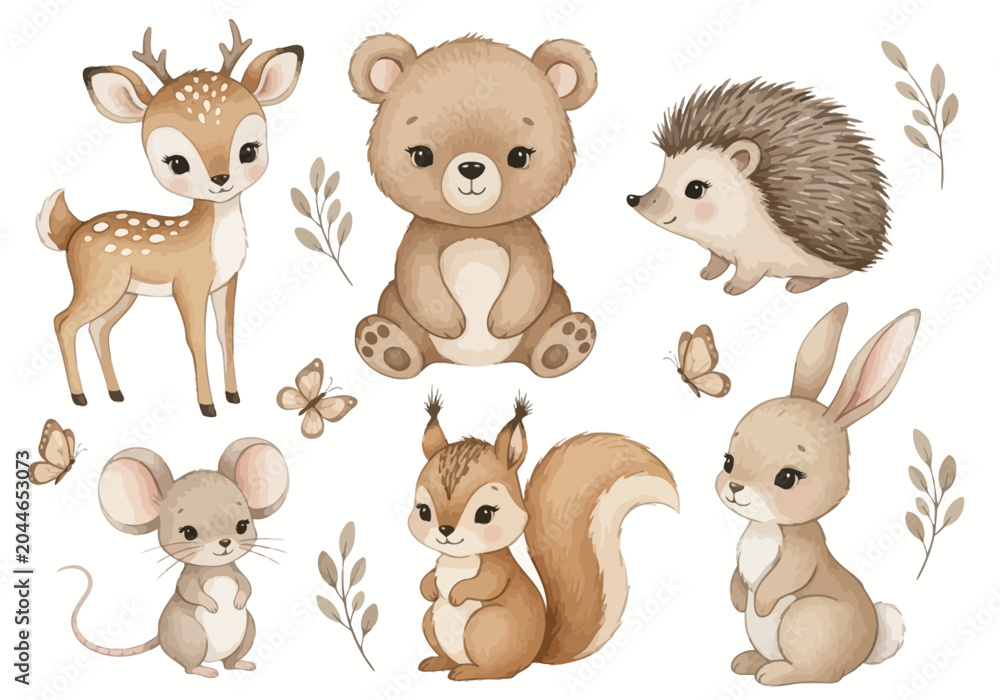 Naklejka premium A charming collection of woodland animals including a bear, deer, mouse, squirrel, hedgehog, and bunny, depicted in a soft watercolor illustration style.