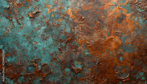 Turquoise and Orange Rust Patina Metal Surface Abstract Industrial Background