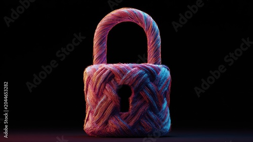 Braided padlock illuminated by vibrant, contrasting lights