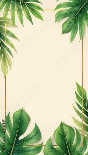 Gold & green palm leaves border on beige Minimal summer exotic frame , background, leaves