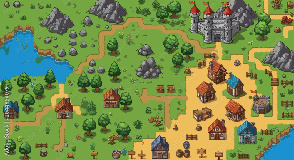Fototapeta premium Pixel art medieval fantasy world map, retro 16-bit video game landscape with castle and village, isometric RPG game assets vector