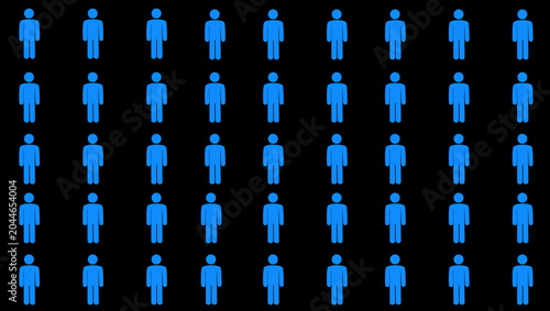 Minimal human figures pattern on black background, icons, population, or statistical data visualization