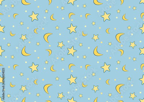 Moon and star seamless pattern on sky blue background use for fabric, textile, clothing, carpet, wallpaper, backdrop, cloth bag ,home decoration elements, vector illustration. 