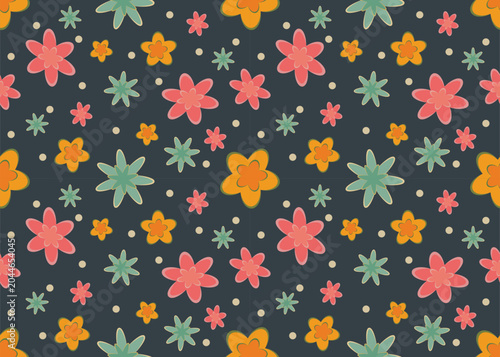 Floral patterns of various sizes and colors, along with polka dots, on an indigo background use for fabric, clothing, textile, embroidery style, cloth bag, carpet, wallpaper, home decoration elements.