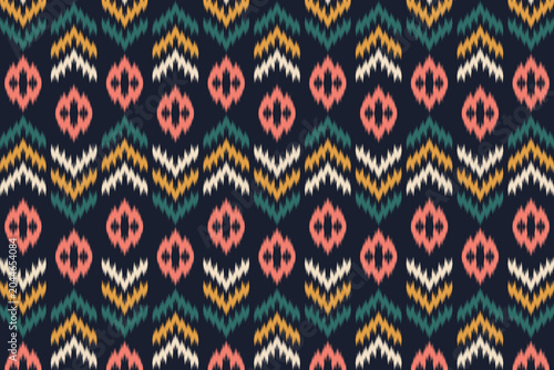 Seamless ikat patterns, zigzag patterns, and abstract designs on indico background use for fabric, clothing, textile, embroidery style, cloth bag, carpet, wallpaper, home decoration elements.