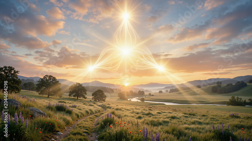 Trinity Sunday concept with glowing light formation over a rural landscape. Religious symbolism of the holy trinity in a sunrise meadow