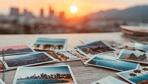 Stacked vacation photos on a table with city skyline sunset