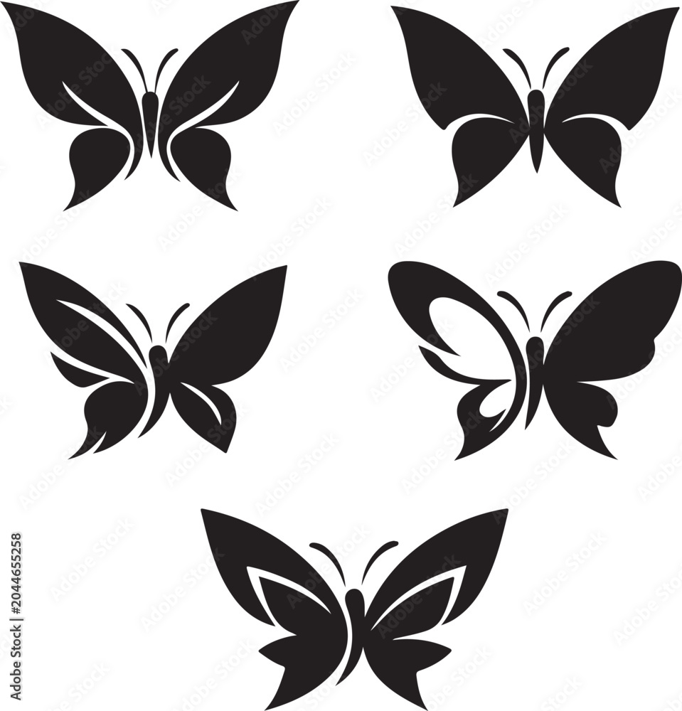 Fototapeta premium Elegant black butterfly silhouettes vector design elements collection on white background