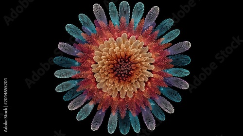 Vibrant fractal bloom with radial symmetry on black