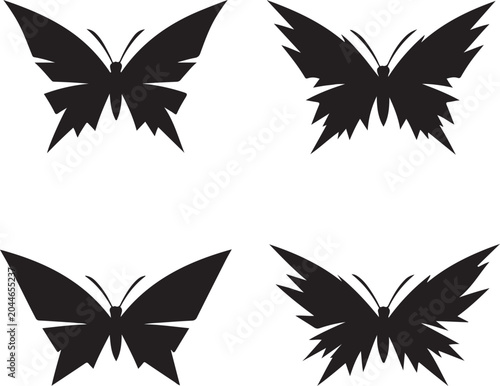 Black butterfly silhouettes set isolated on a white background, vector tribal sharp wing butterfly design elements.