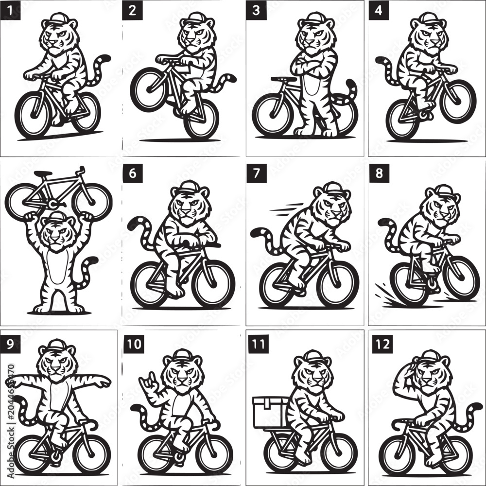 Obraz premium Children Learning to Ride Bicycles with Training Wheels in Sequential Cartoon Style