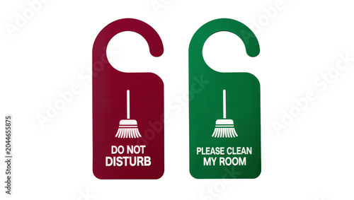 Fotografía Do Not Disturb and Please Clean My Room door hangers with broom icon
