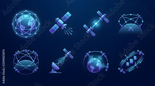 Global Satellite Constellation and Orbiting Telecommunication Network Icons Set