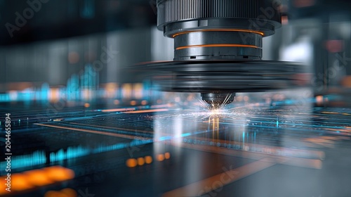 Precision manufacturing process, glowing energy sparks from tool on circuit board