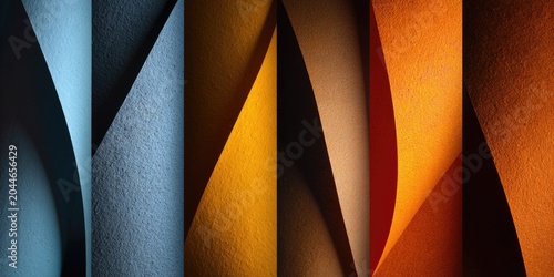 Abstract Swirls of Blue, Orange, and Brown Paper with Dramatic Lighting.