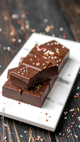 Glossy Chocolate Bar Pieces with Colorful Sprinkles on White Plate and Dark Wooden Table