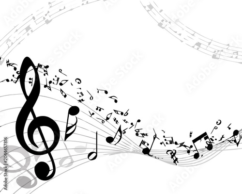 Treble clef with flowing musical notes on a staff, creative music design