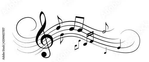 Treble clef with flowing musical notes on staff, artistic melody