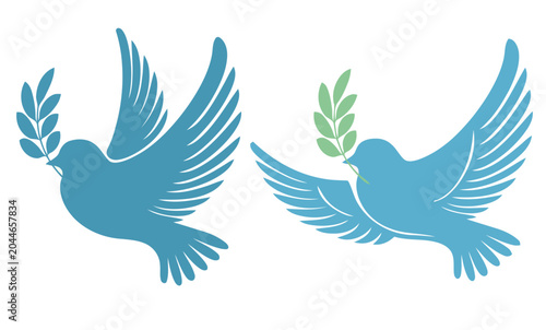 Two Blue Doves Flying with Olive Branches, Symbols of Peace
