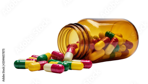 Tableau sur toile Amber medicine bottle spilling colorful capsules and pills