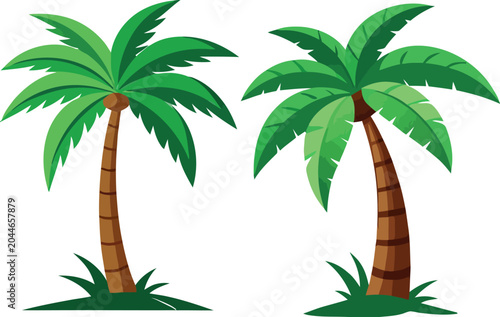 Two cartoon palm trees on white background, summer vacation concept