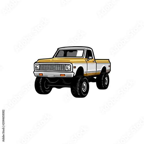 Vintage yellow lifted pickup truck illustration, off-road vehicle