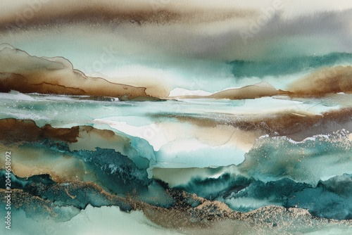 Abstract landscape art with flowing water, earth tones, and hints of metallic gold