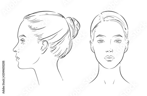 Woman face front and side view sketch for beauty and makeup design