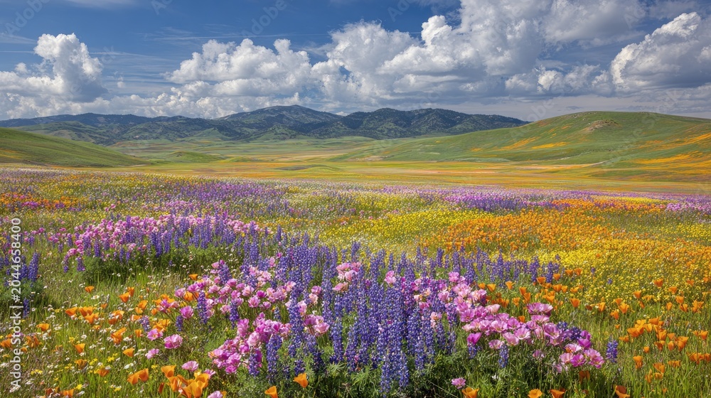 Obraz premium Vibrant, rolling hills carpeted in a riot of colorful wildflowers